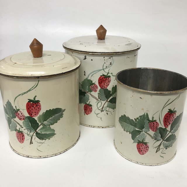 CANNISTER SET, Off White Strawberries (Set of 3 one missing lid)
